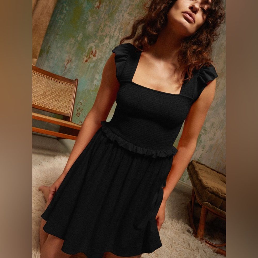 Nation LTD Womens Ginger Smocked Ruffle Shoulder Black Dress S